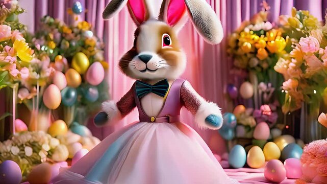Fr&ouml;hlicher Osterhase tanzt und dreht sich in festlicher Animation &ndash; Ostern Feierlichkeit