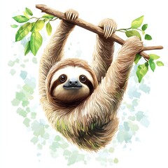 Fototapeta premium Adorable sloth hanging from a branch design for T-shirt POD print on demand on white background