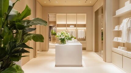 Luxurious Boutique Interior Showcasing Elegant Clothing Displays and Stylish Seating in a Warm, Neutral Color Palette