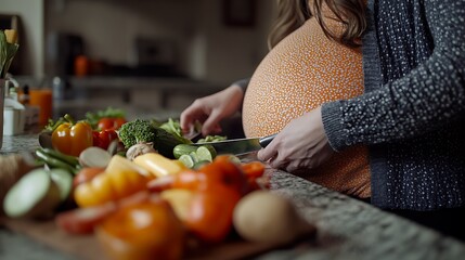 Pregnant woman chopping vegetables in kitchen. Healthy pregnancy