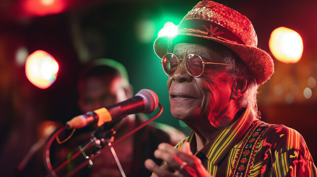Brazilian singer performing live with band in colorful attire.