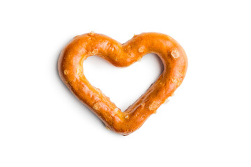 Heart shaped pretzel  isolated on white background.