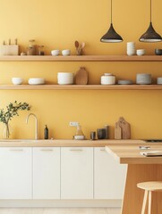 Modern kitchen with wooden shelves and yellow wall close up
