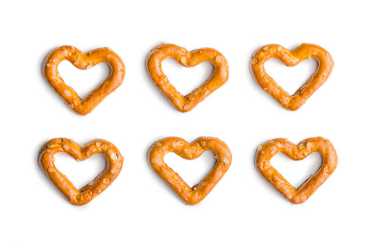 Heart shaped pretzel  isolated on white background.