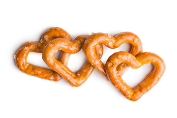Heart shaped pretzel  isolated on white background.