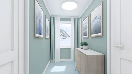 Fototapeta premium Serene Minimalist Hallway with Mountain View Pictures