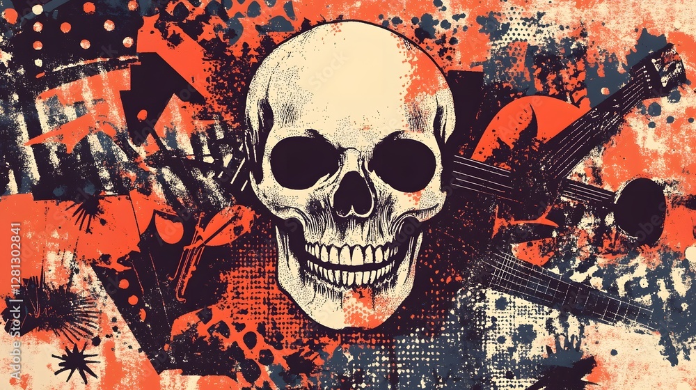 Poster grunge skull with abstract splatter effect in dark and moody palette