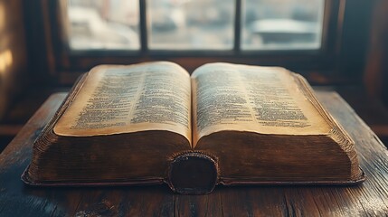 Obraz premium Antique open book on wooden table by window