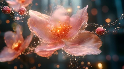 Fototapeta premium Delicate pink flowers with glowing stamen and floating embellishments