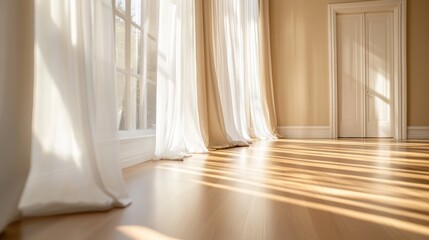 Natural Light Floods a Minimalist Room With Elegant Curtains and Wooden Flooring, Creating a Serene Atmosphere Perfect for Relaxation or Creative Inspiration