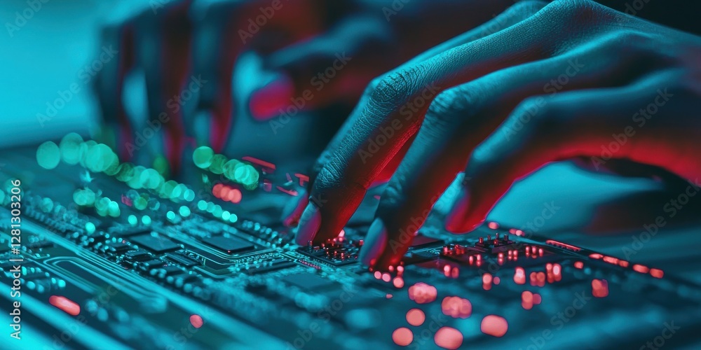 Aufkleber a close-up of hands typing on a glowing electronic circuit board, showcasing vibrant colors and intr