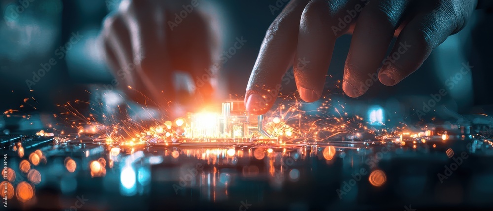 Poster a close-up view of hands interacting with a glowing circuit board, showcasing technology and digital