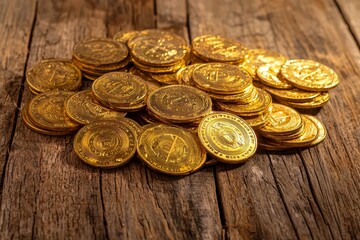 Stack of golden coins on wooden surface, empty space.