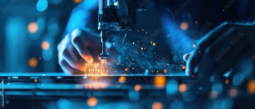 Poster a close-up of hands operating a machine, creating sparks and illuminating a dark workspace with a bl