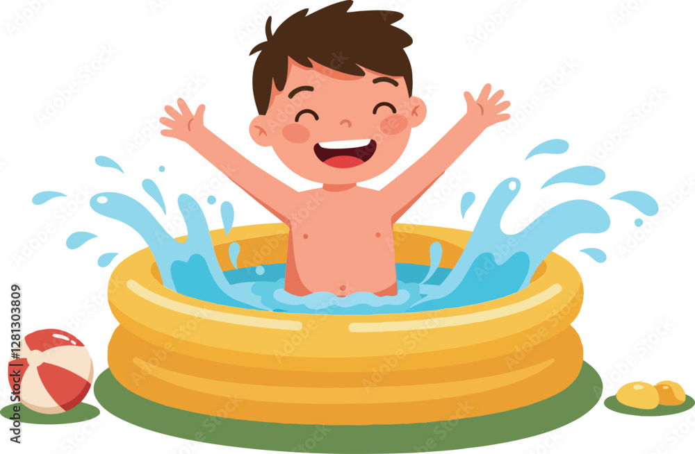 Poster joyful child splashing in a yellow inflatable pool with colorful beach ball and lemon slices, playfu