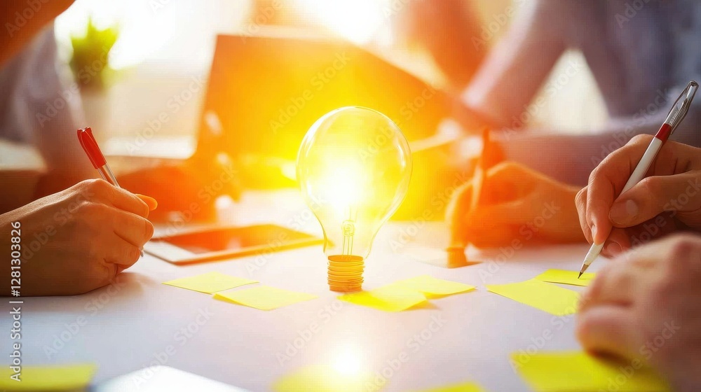 Poster a brainstorming session with hands writing on sticky notes around a glowing light bulb, symbolizing 