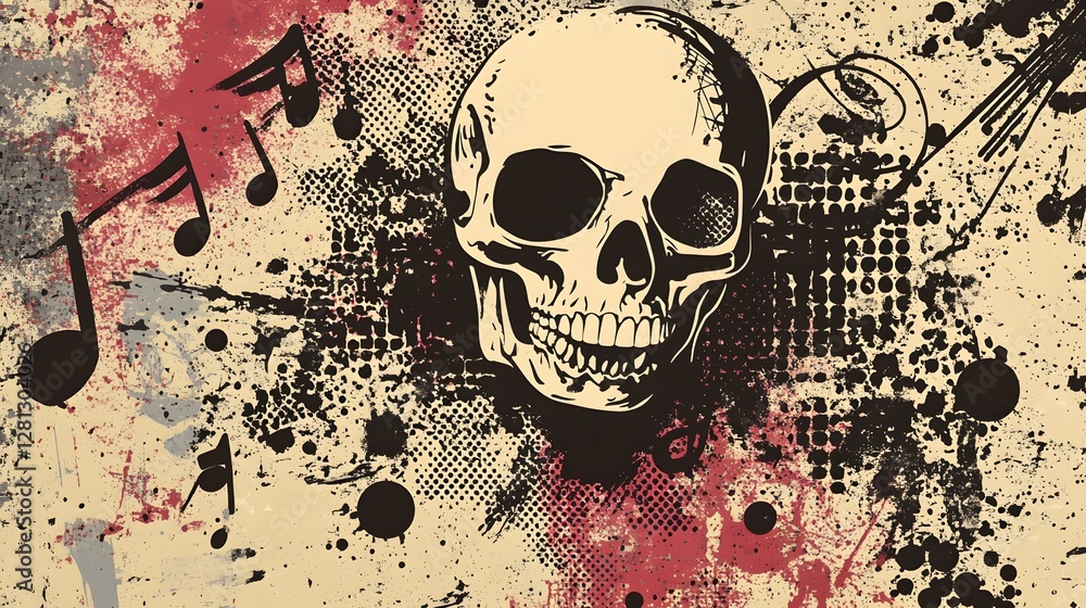 Poster Grunge Skull with Music Notes and Abstract Splash Patterns