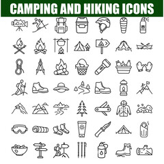 Camping Hiking Icons Gear, Equipment, Adventure, Outdoors, Nature