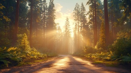 Obraz premium Sunlight streams down a forest path, illuminating ferns and trees.