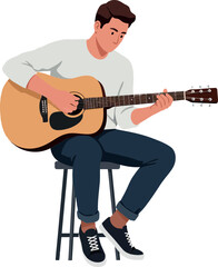 Obraz premium A young man playing an acoustic guitar while sitting on a stool in a relaxed setting, minimal vector illustration