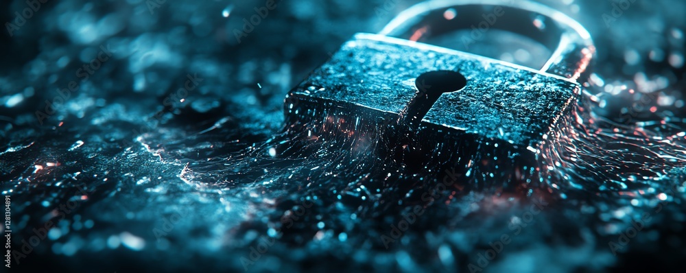 Poster a padlock symbol with streams of data leaking out