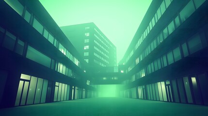 Mysterious Foggy Cityscape Futuristic Buildings