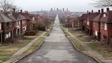 Fototapeta premium Desolate Urban Street Scene Abandoned Houses Skyline View