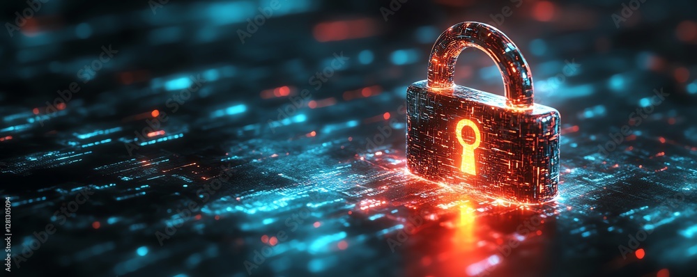Poster a padlock symbol with streams of data leaking out