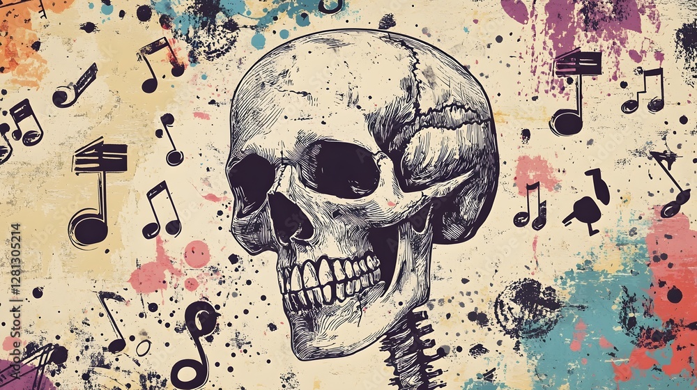 Poster Grunge Skull with Splattered Music Notes and Symbols in Dark Abstract Background