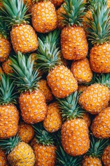Fototapeta premium Vibrant Pineapple Pile Displaying Tropical Freshness and Exotic Appeal with Lush Green Leaves and Golden Hues for Culinary and Healthy Lifestyle Themes