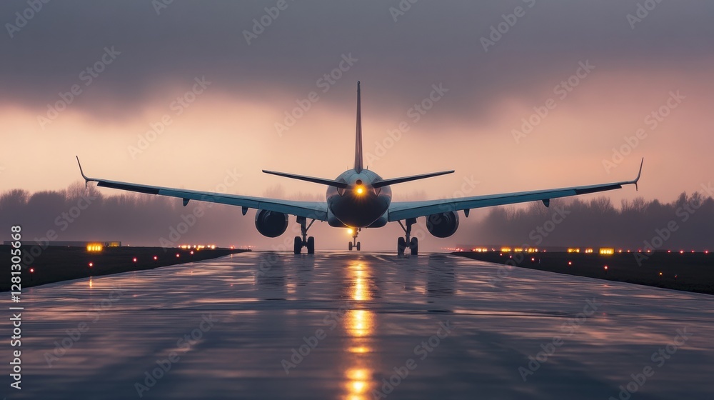 Leinwandbilder airplane ready for takeoff at sunset near a busy runway with reflections on the wet surface. generat