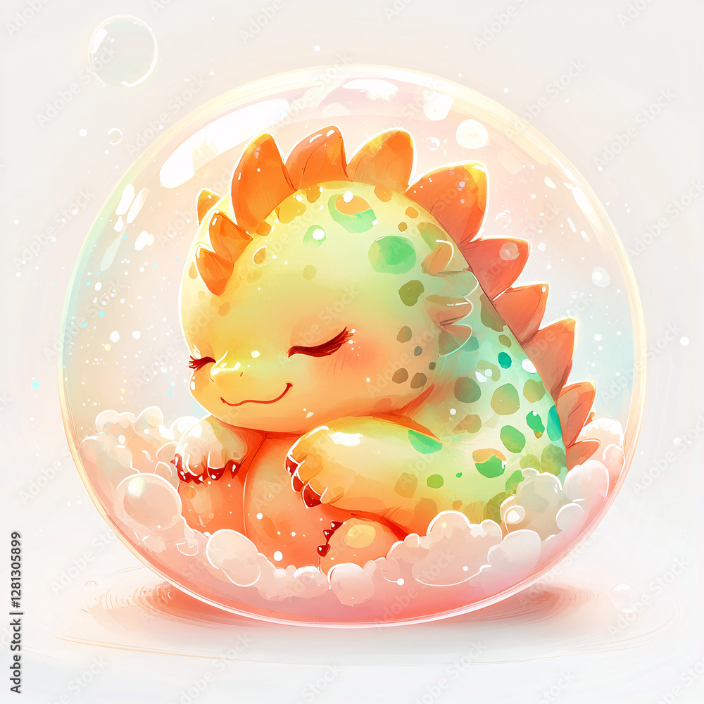 Poster cute dragon character resting inside a colorful bubble with soft clouds.