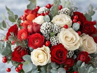 Festive red & white floral bouquet on light background
