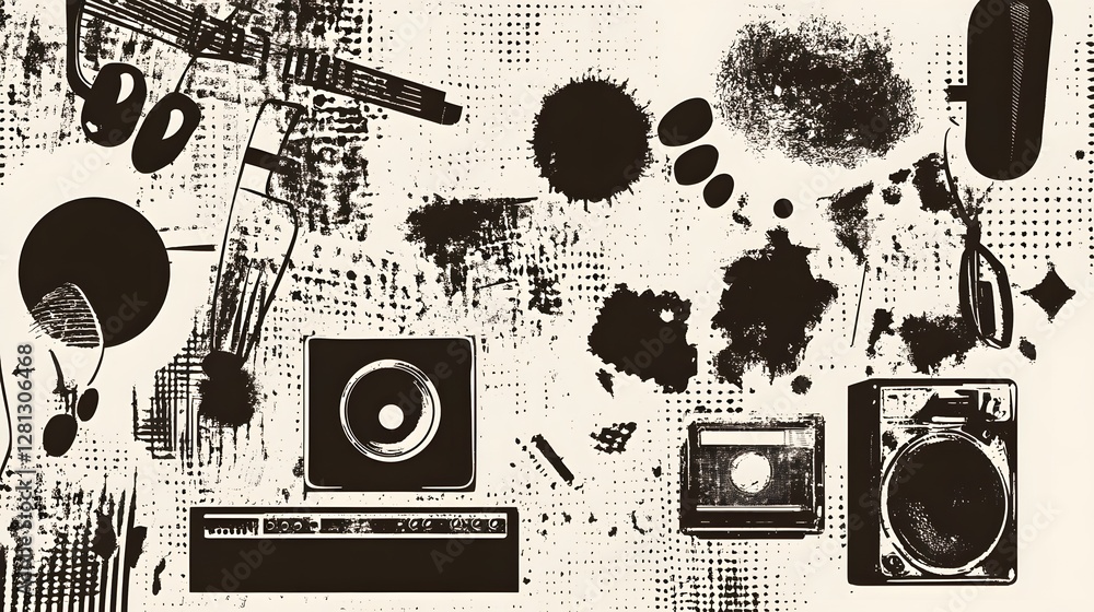 Poster Grungy Abstract Textured Background with Messy Black and White Splatter and Stains