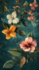 Fototapeta premium Exquisite Floral Arrangement Featuring Hibiscus Blossoms and Lush Greenery on a Deep Teal Textured Background