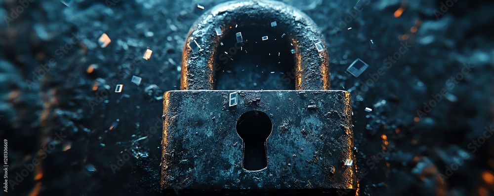 Aufkleber closeup of a padlock with data visibly leaking through cracks