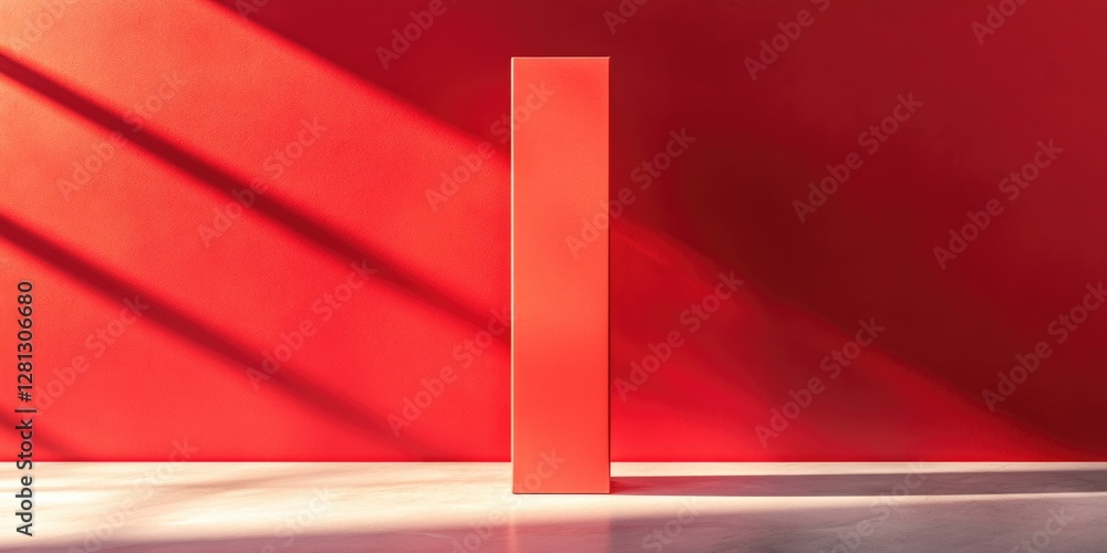 Poster stylish depiction of tall rectangular carton on bold red solid background with diffused light and co