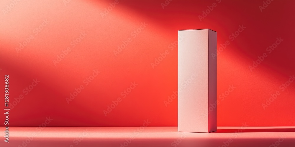 Poster stylish depiction of tall rectangular carton on bold red solid background with diffused light and co