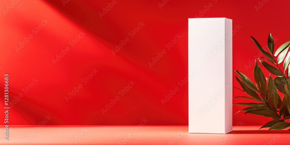 Poster stylish depiction of tall rectangular carton on bold red solid background with diffused light and co