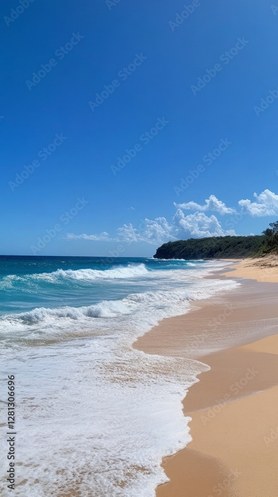 Poster bright white clouds dot the azure sky as gentle waves lap against the golden shore of a serene tropi
