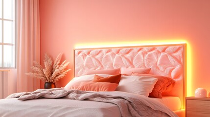 Serene Coral Bedroom with LED Headboard and Pampas Grass