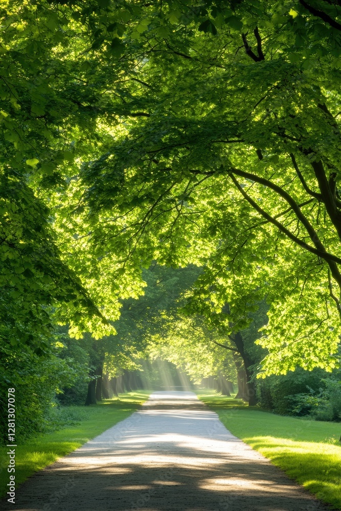 Poster tree-lined path with soft sunlight filtering through creating dappled shadows along way
