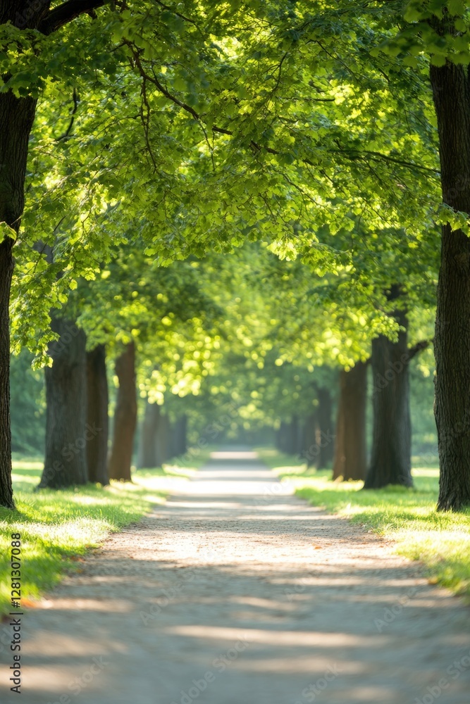 Poster tree-lined path with soft sunlight filtering through creating dappled shadows along way