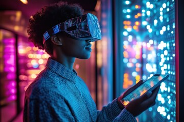 It technician wearing vr headset and using tablet in server room