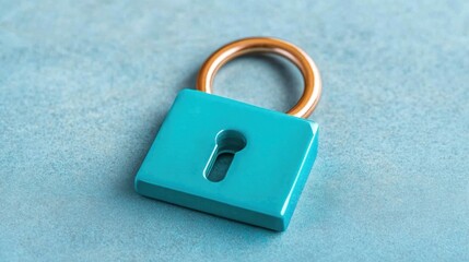 Fototapeta premium Teal padlock with a copper shackle rests on a light blue textured surface. Close up view