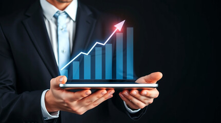 Businessman holding tablet and showing a growing virtual hologram of statistics  – Generative AI	