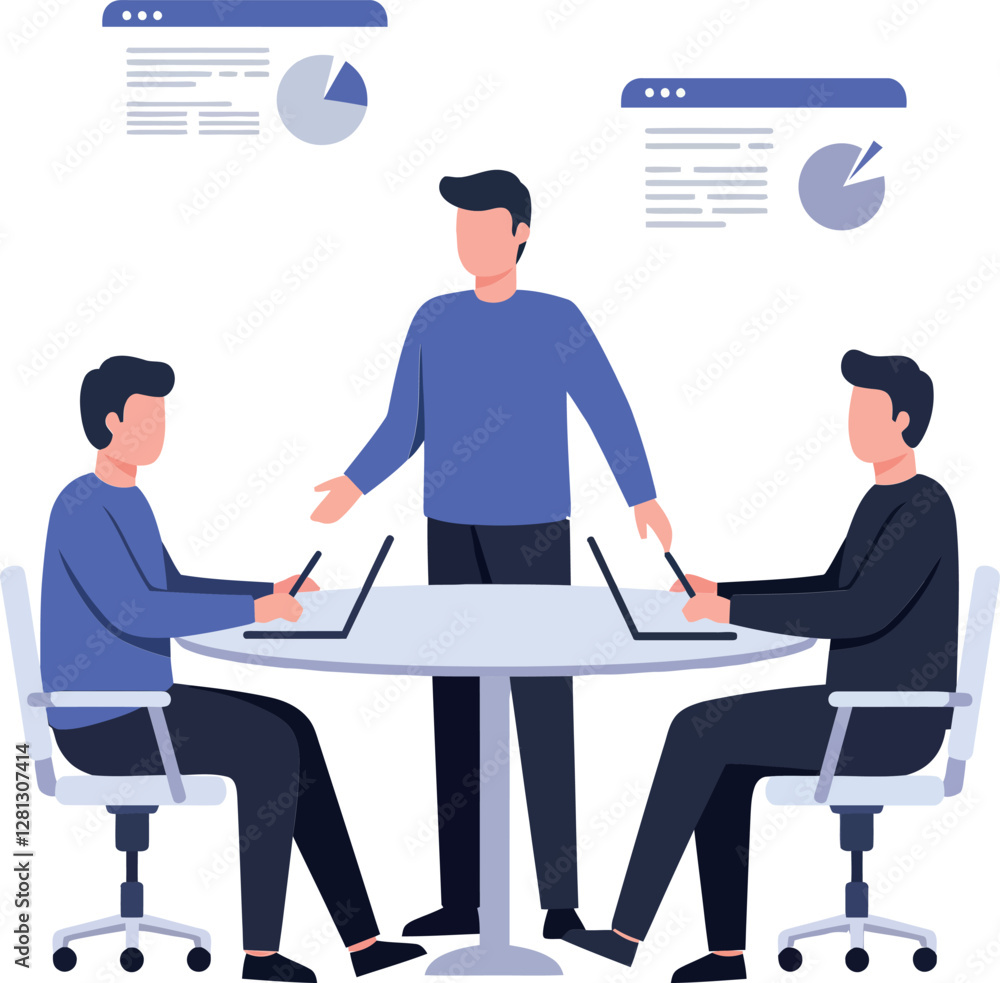 Poster three professionals engaged in a collaborative meeting around a round table in a flat design vector 