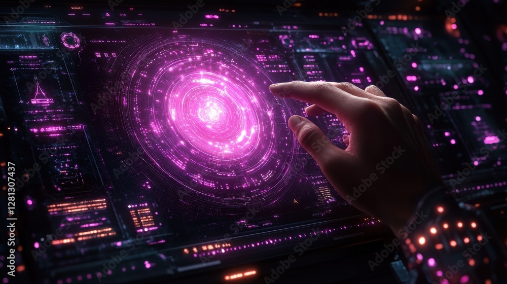 Poster futuristic interface showcasing a galaxy with a hand interacting, set in a high-tech environment