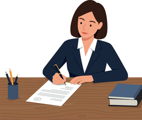 A professional woman in a suit attentively writing on a document at a wooden desk, minimalist vector art