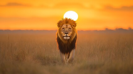 A majestic lion walking forward with the setting sun